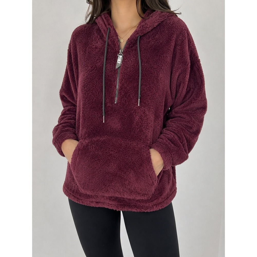 Victoria's Secret PINK Sherpa Fleece Half Zip Hoodie Burgundy Maroon Large